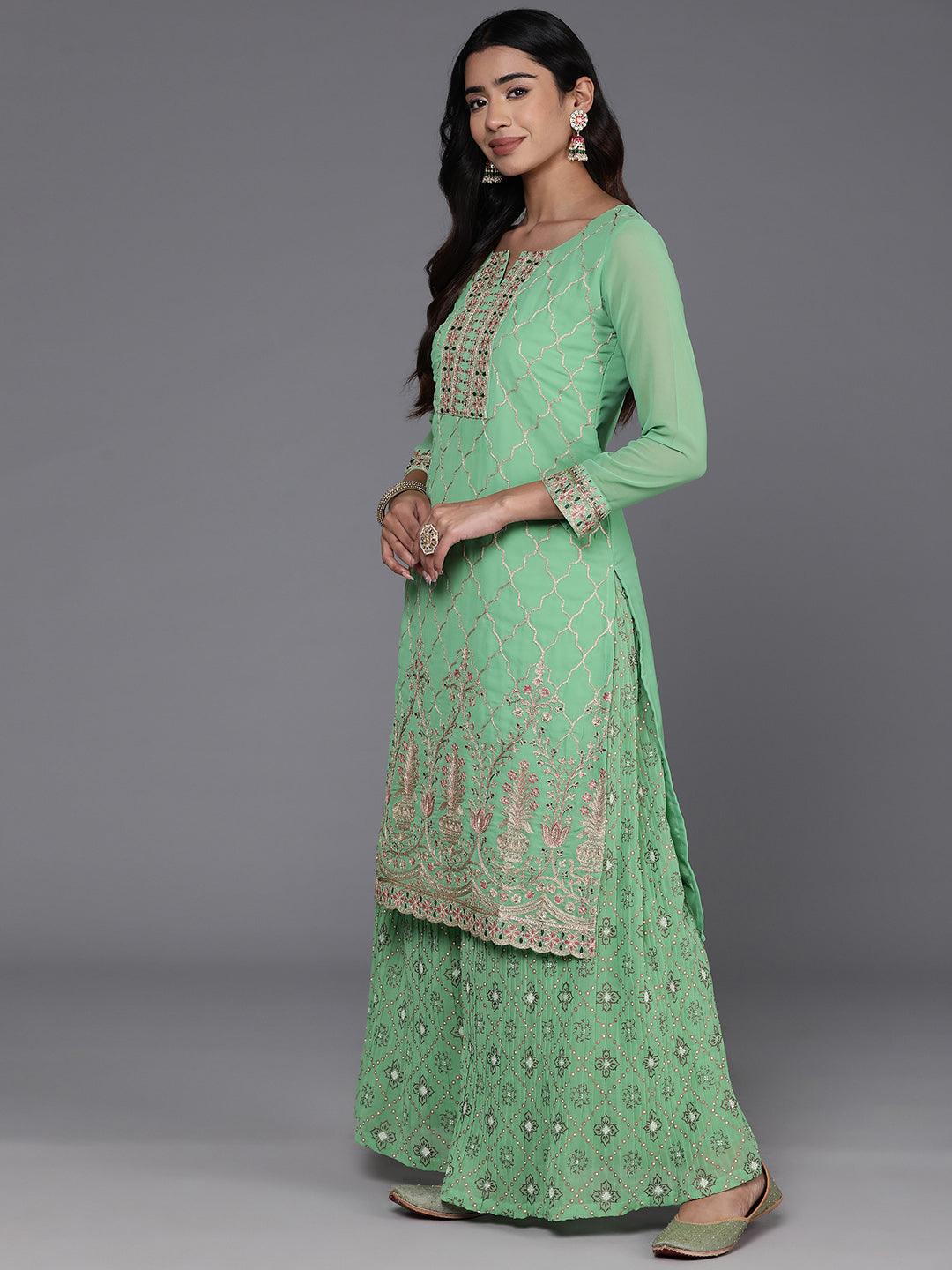 Green Embroidered Georgette Straight Kurta With Palazzos & Dupatta - ShopLibas 