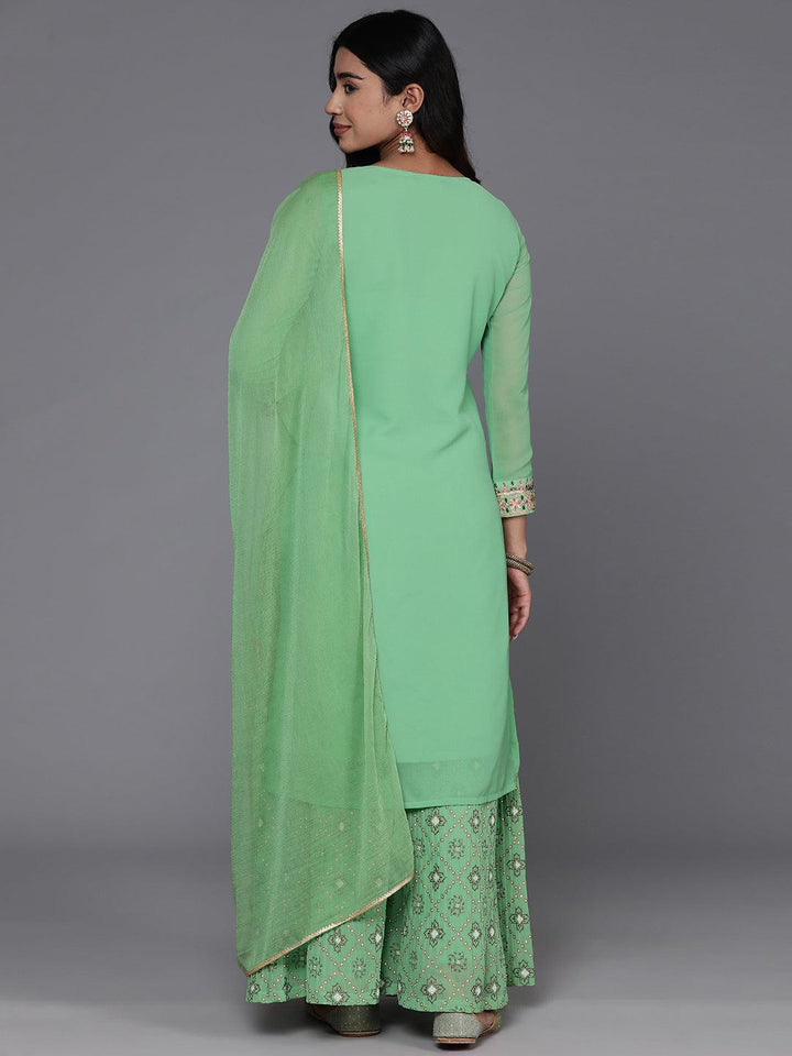Green Embroidered Georgette Straight Suit With Dupatta