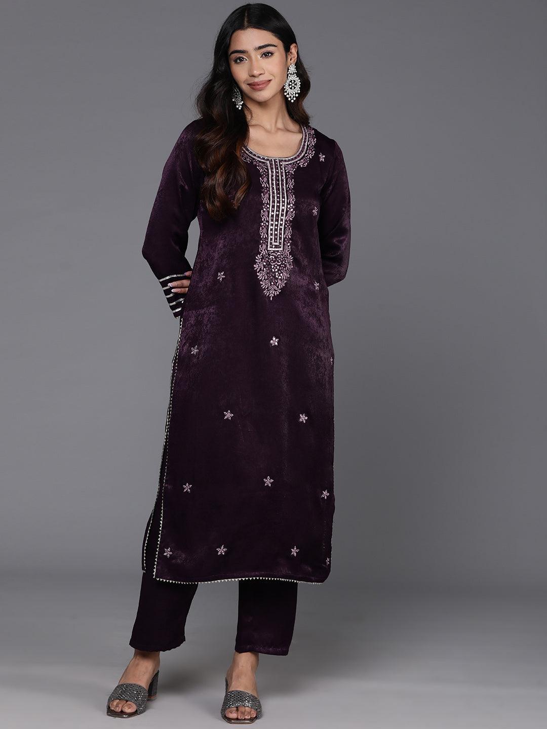 Wine Embroidered Polyester Straight Kurta With Trousers - ShopLibas 