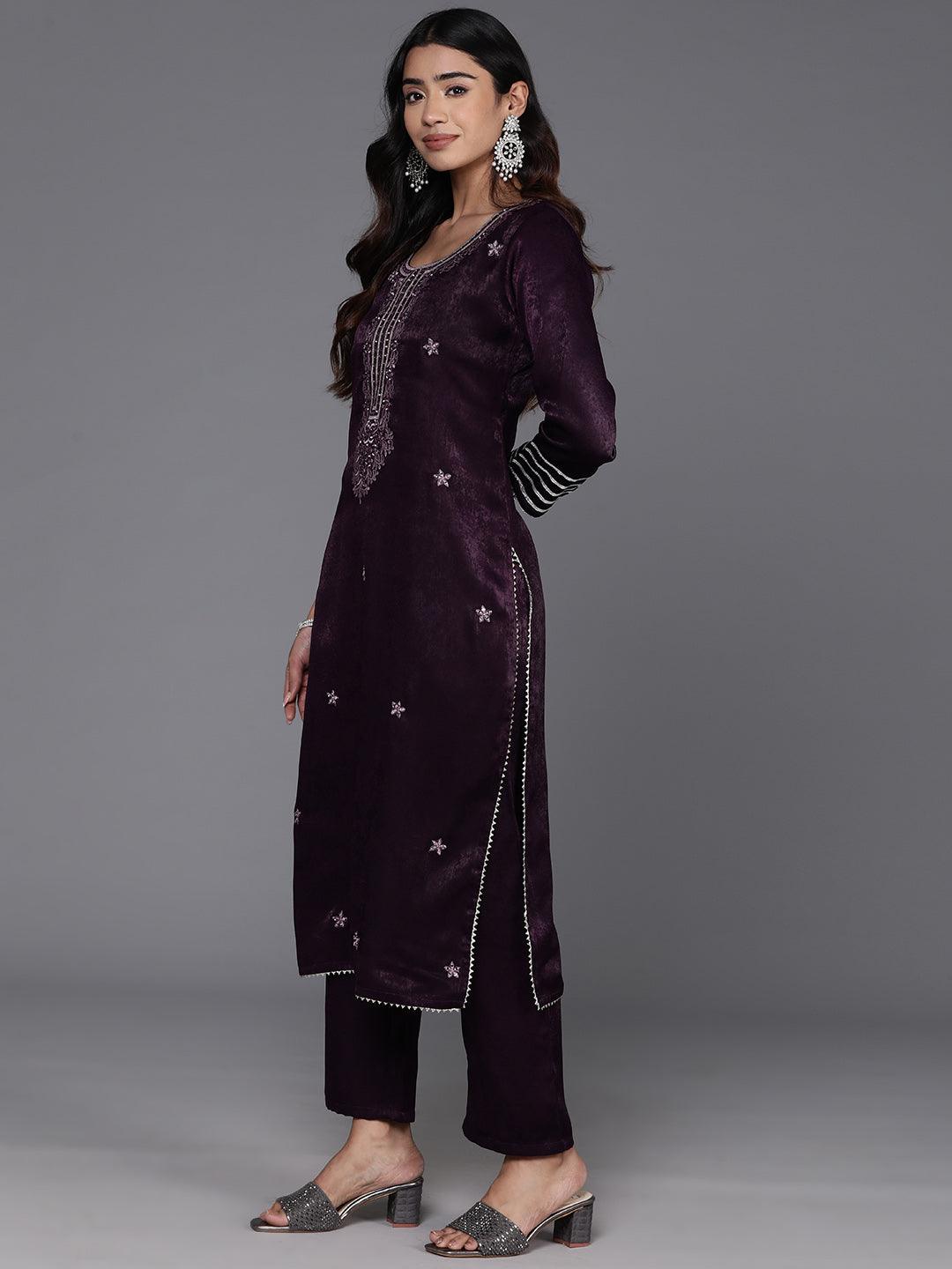 Wine Embroidered Polyester Straight Kurta With Trousers - ShopLibas 