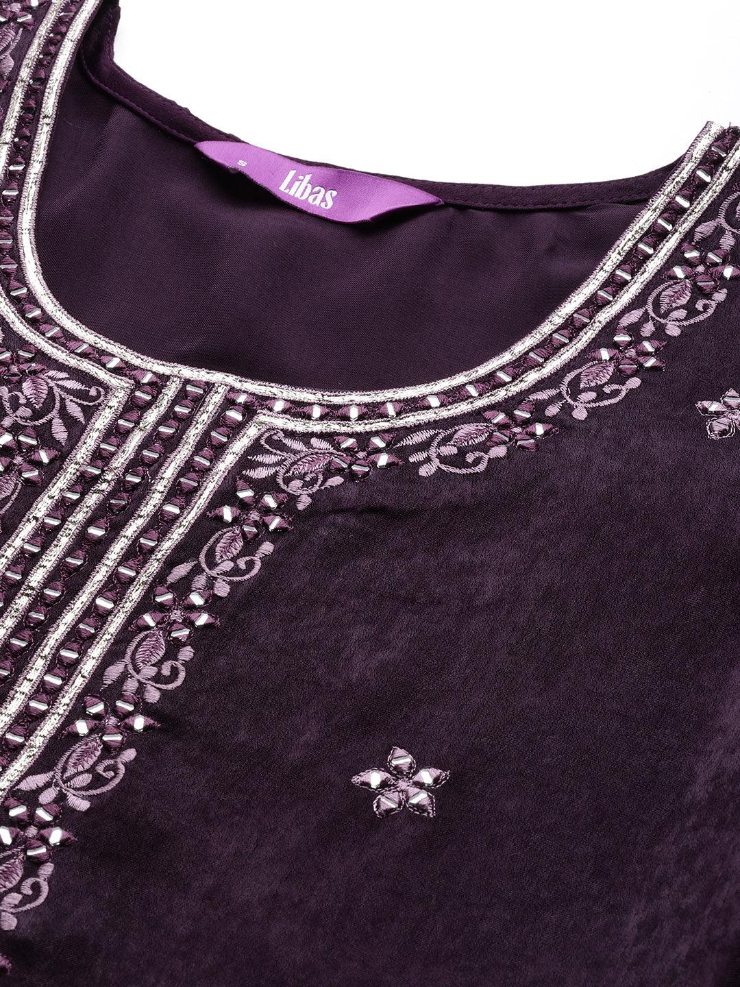 Wine Embroidered Polyester Straight Kurta With Trousers - ShopLibas 