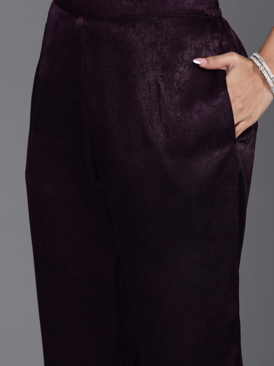 Wine Embroidered Polyester Straight Kurta With Trousers - ShopLibas 
