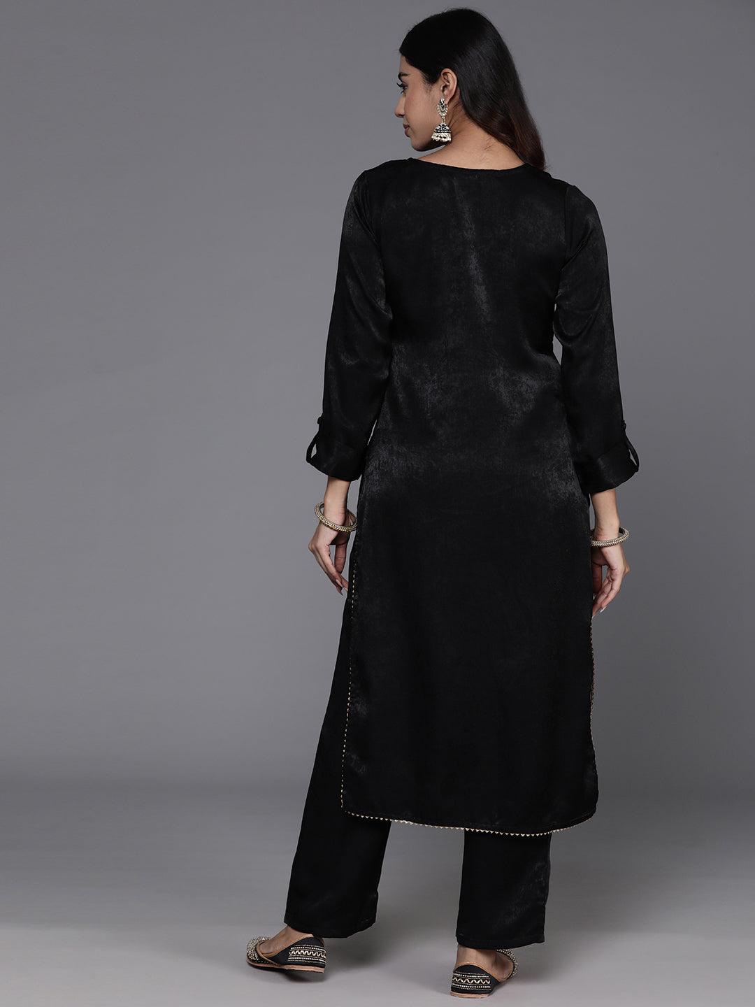 Black Embroidered Polyester Straight Kurta With Trousers - ShopLibas 