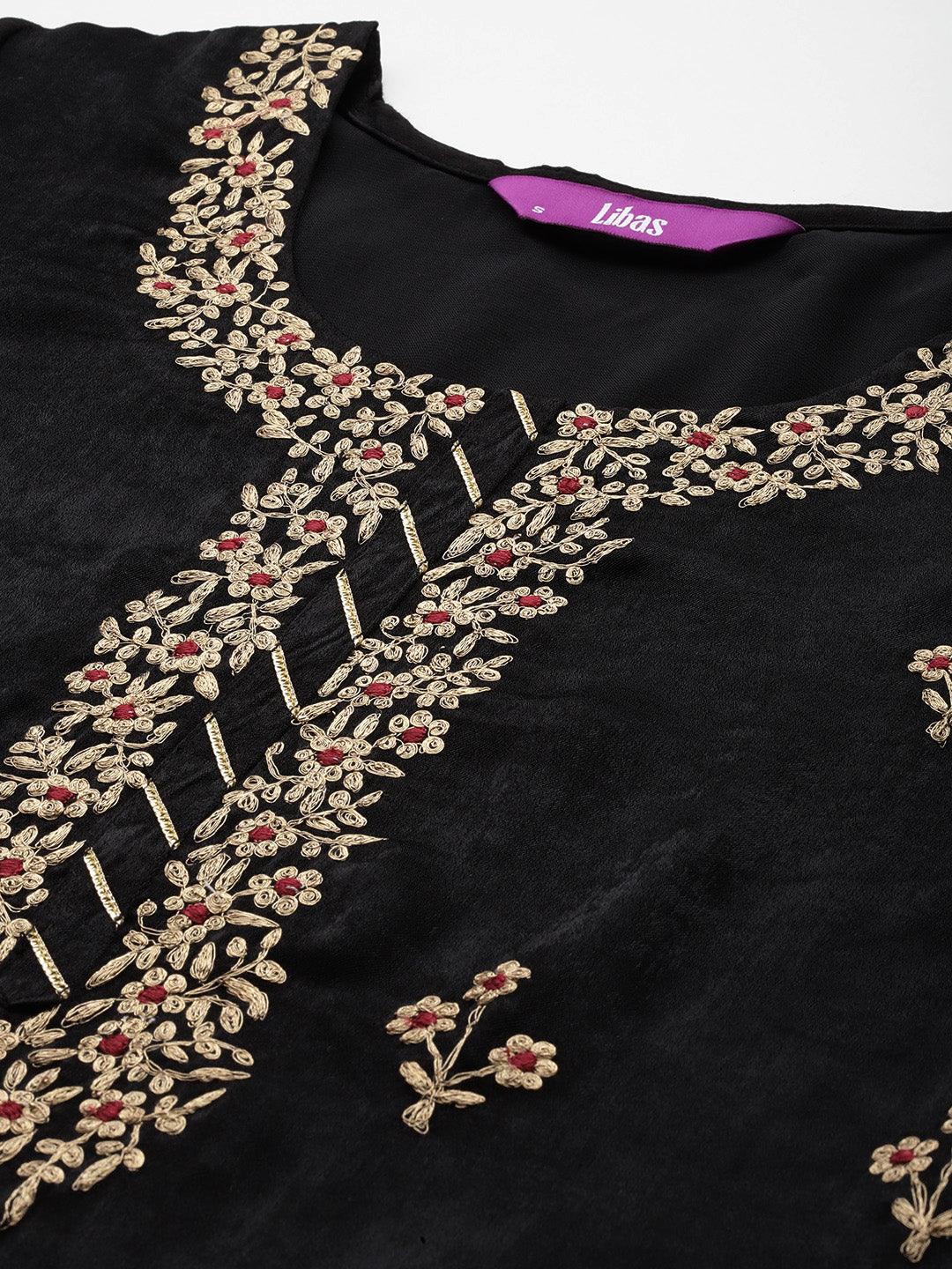 Black Embroidered Polyester Straight Kurta With Trousers - ShopLibas 