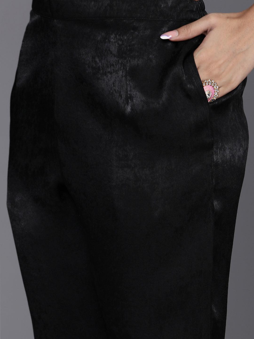 Black Embroidered Polyester Straight Kurta With Trousers - ShopLibas 
