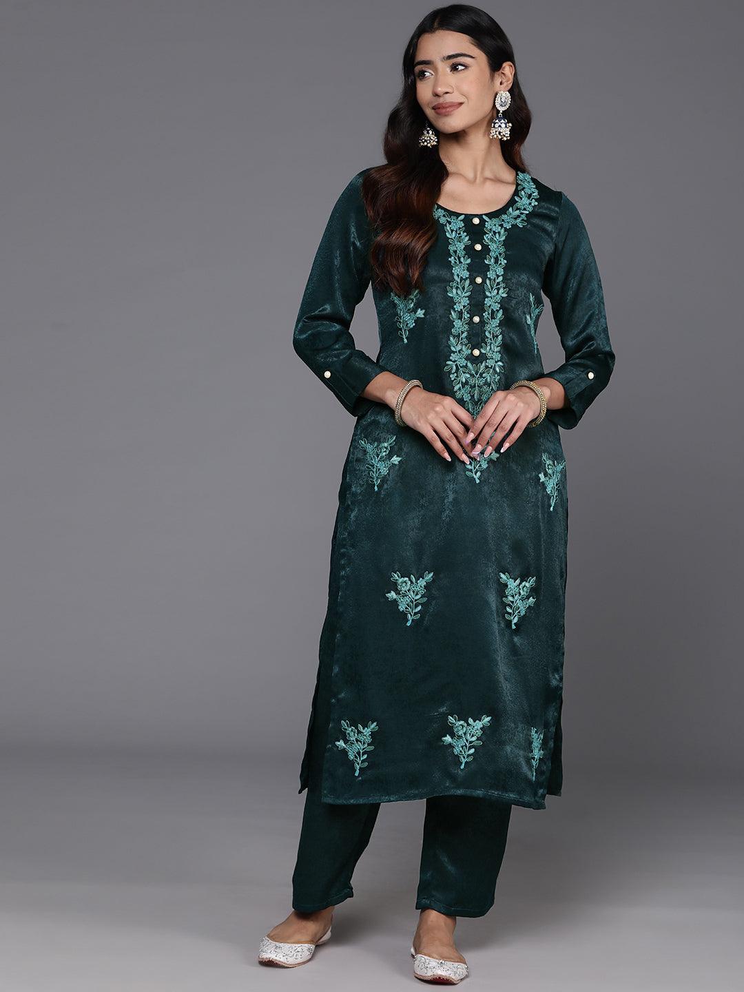 Teal Embroidered Polyester Straight Kurta With Trousers - ShopLibas 