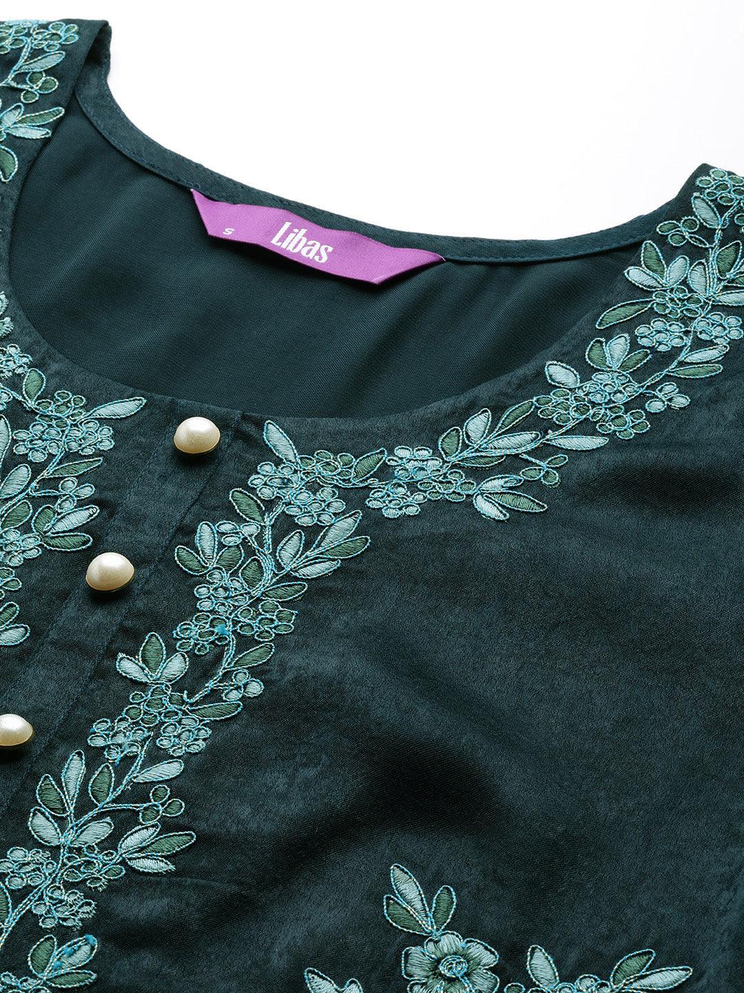 Teal Embroidered Polyester Straight Kurta With Trousers - ShopLibas 