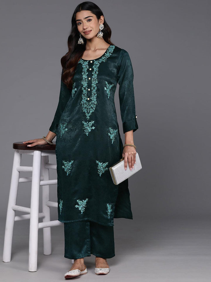 Teal Embroidered Polyester Straight Kurta Set