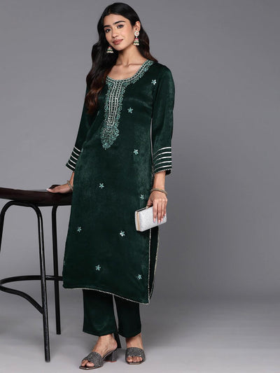 Green Embroidered Polyester Straight Kurta With Trousers - ShopLibas