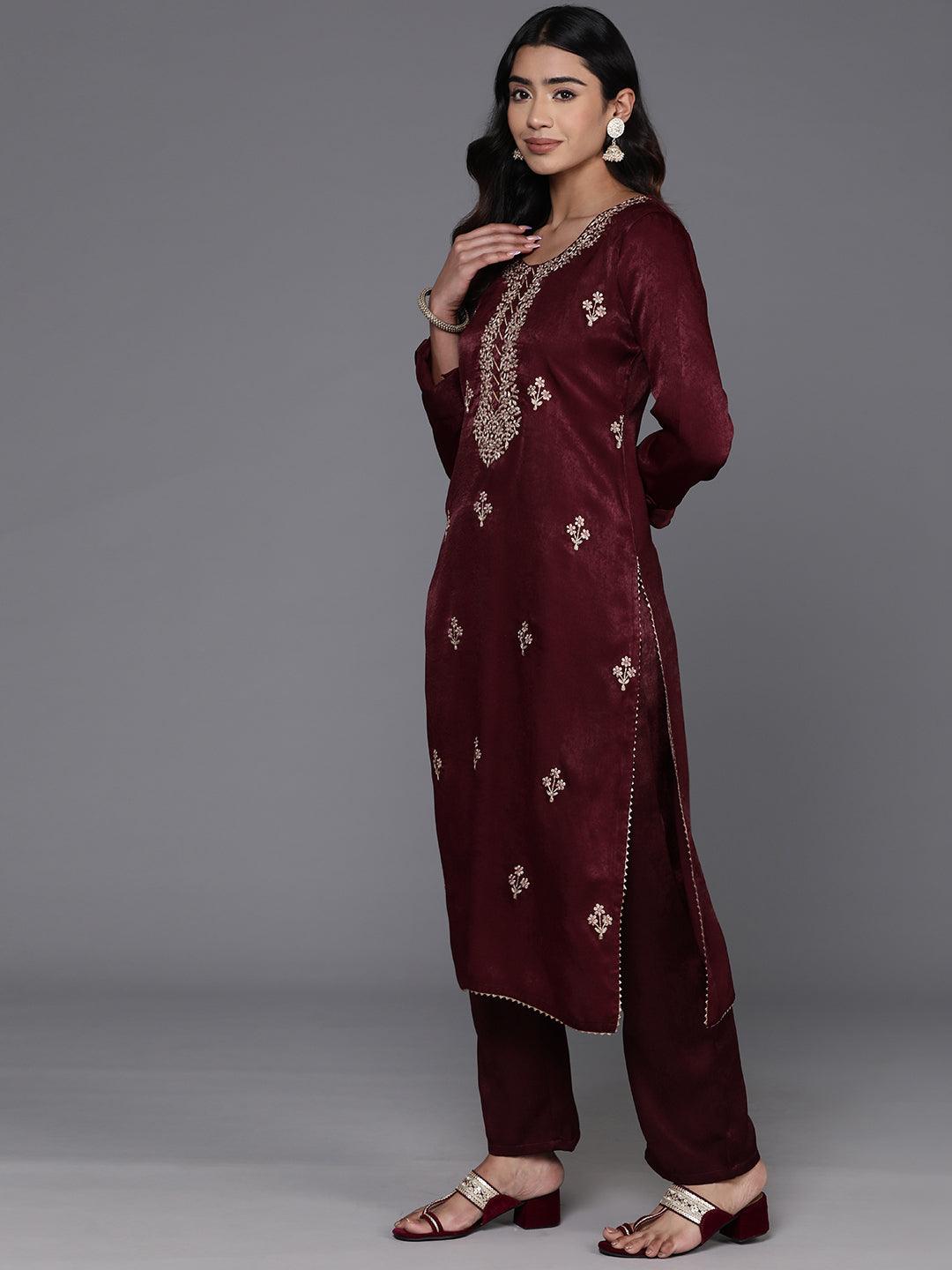 Maroon Embroidered Polyester Straight Kurta With Trousers - ShopLibas 