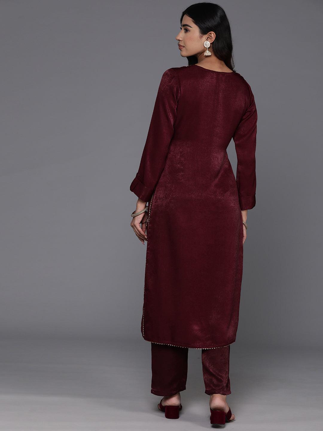 Maroon Embroidered Polyester Straight Kurta With Trousers - ShopLibas 