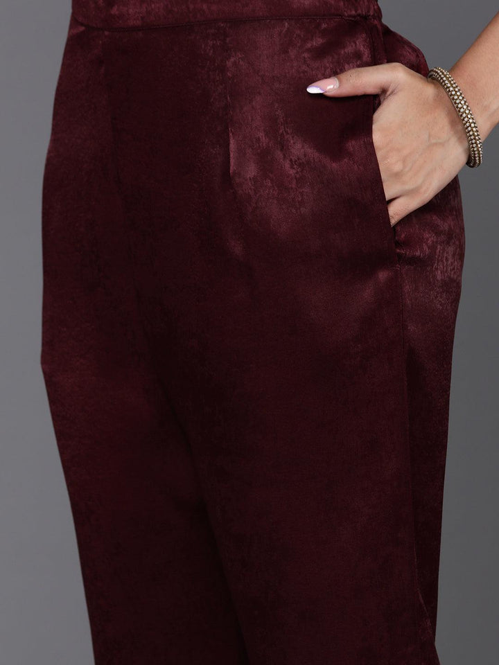 Maroon Embroidered Polyester Straight Kurta Set