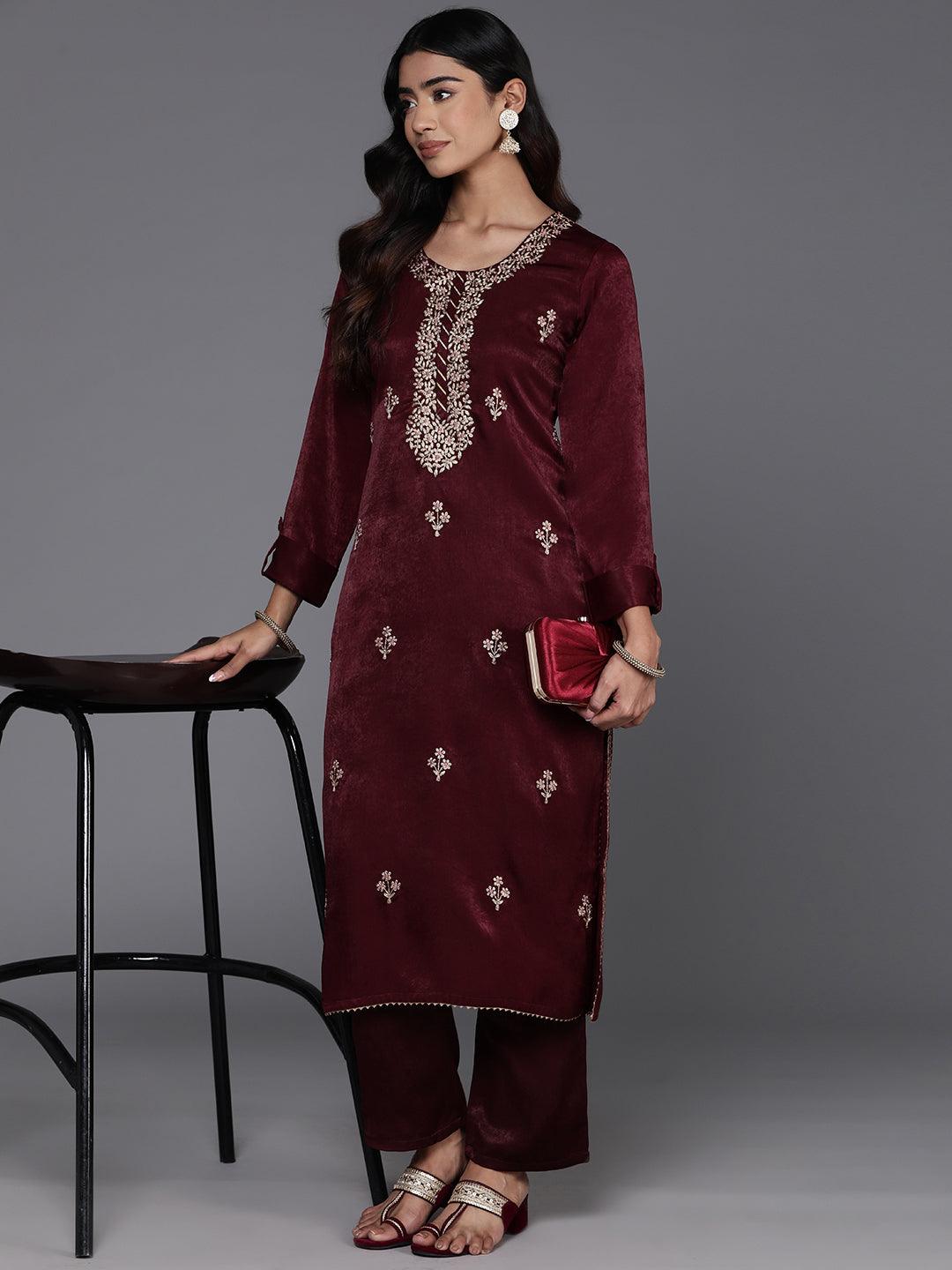 Maroon Embroidered Polyester Straight Kurta With Trousers - ShopLibas 