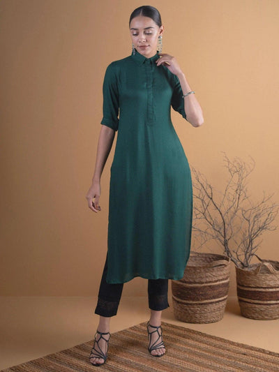 Green Woven Design Rayon Kurta - ShopLibas