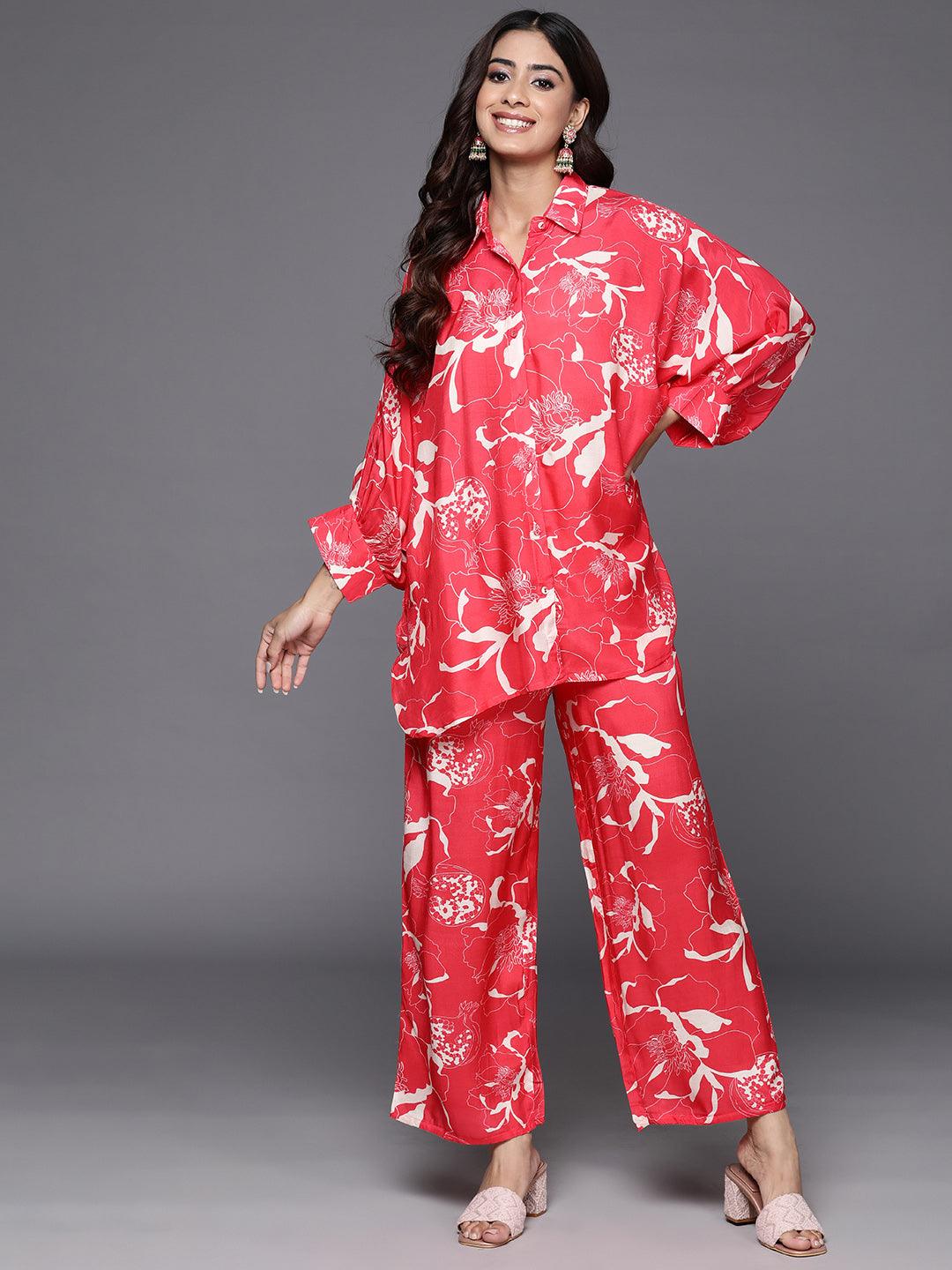 Red Printed Cotton Blend Shirt With Palazzos - ShopLibas 