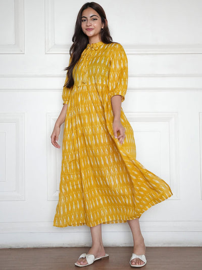Mustard Self Design Cotton Fit and Flare Dress - ShopLibas