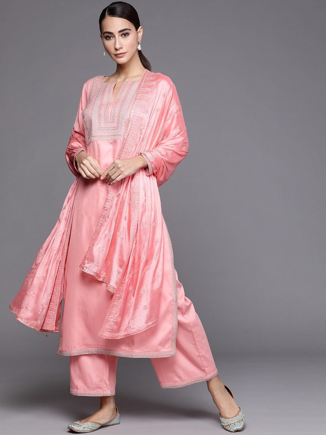 Pink Embroidered Silk Blend Suit Set - ShopLibas