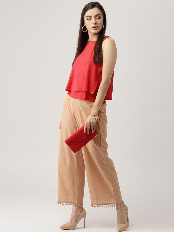 Beige Solid Cotton Palazzos - ShopLibas