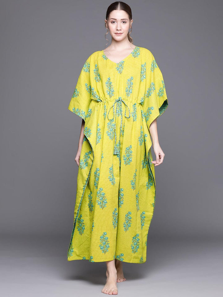 Green Cotton Printed Kaftan Nightdress - ShopLibas