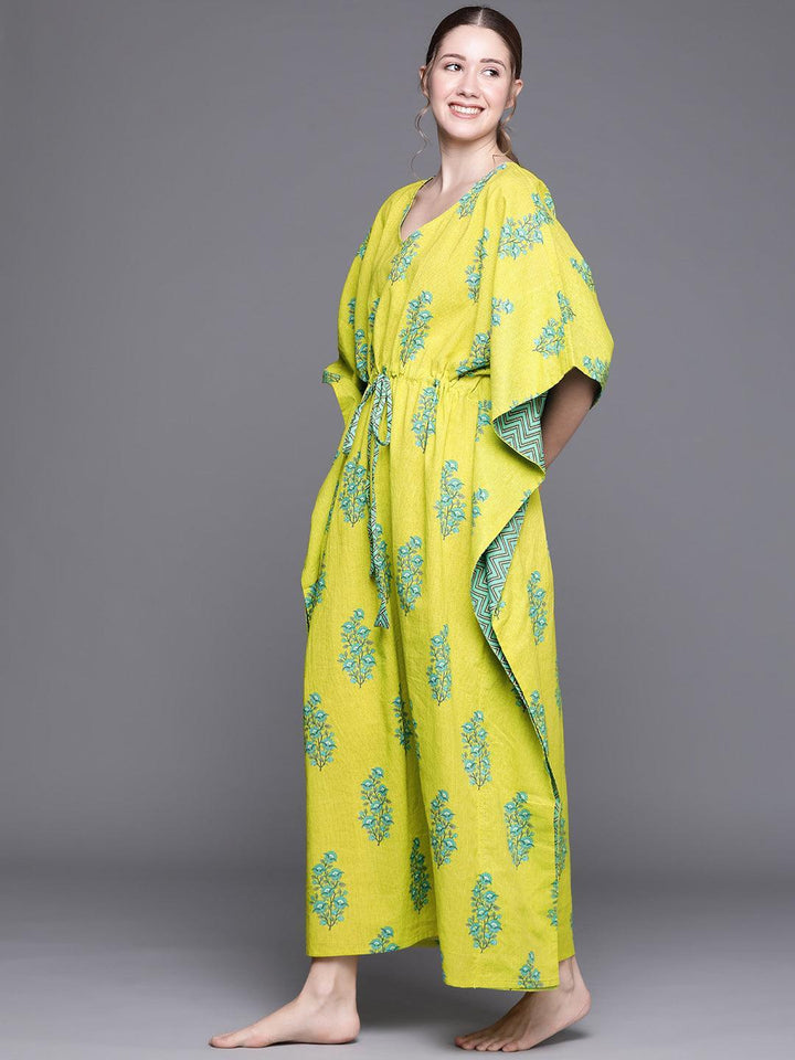 Green Cotton Printed Kaftan Nightdress - ShopLibas