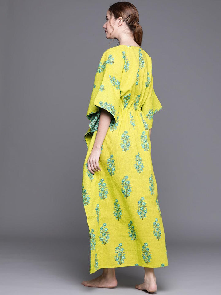 Green Cotton Printed Kaftan Nightdress - ShopLibas