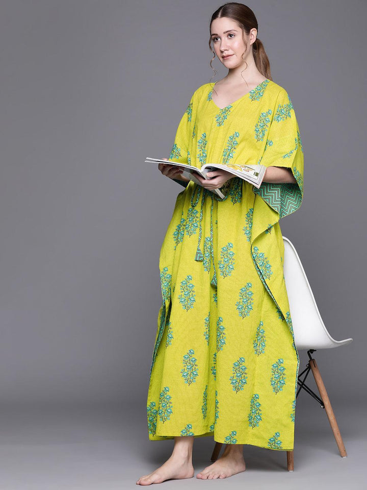 Green Cotton Printed Kaftan Nightdress - ShopLibas