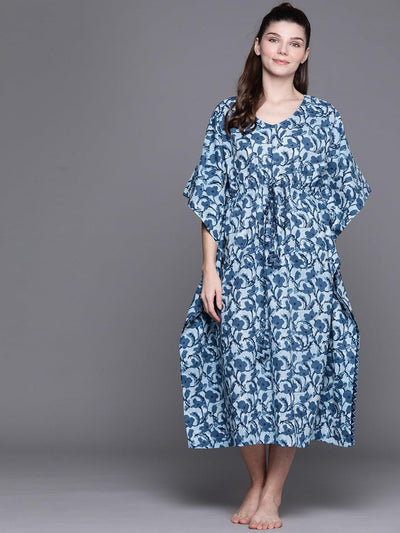 Blue Cotton Printed Kaftan Nightdress - ShopLibas