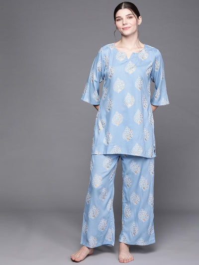 Blue Printed Rayon Night Suit - ShopLibas
