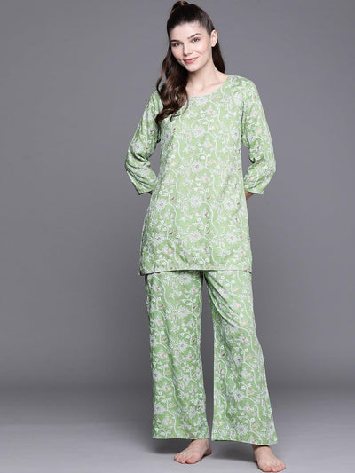 Green Printed Rayon Night Suit - ShopLibas