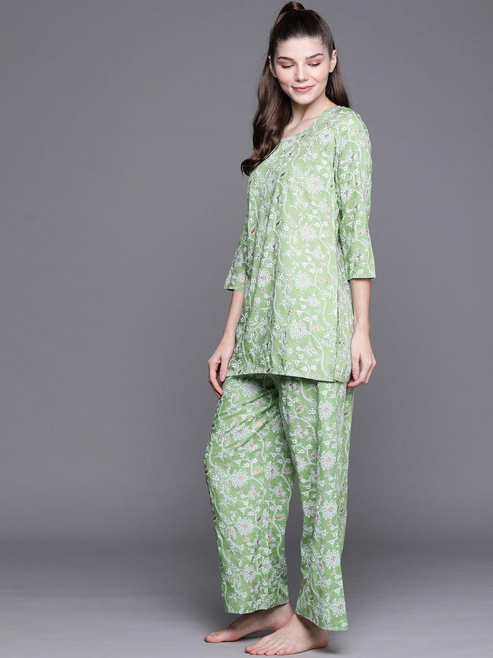 Green Printed Rayon Night Suit - ShopLibas