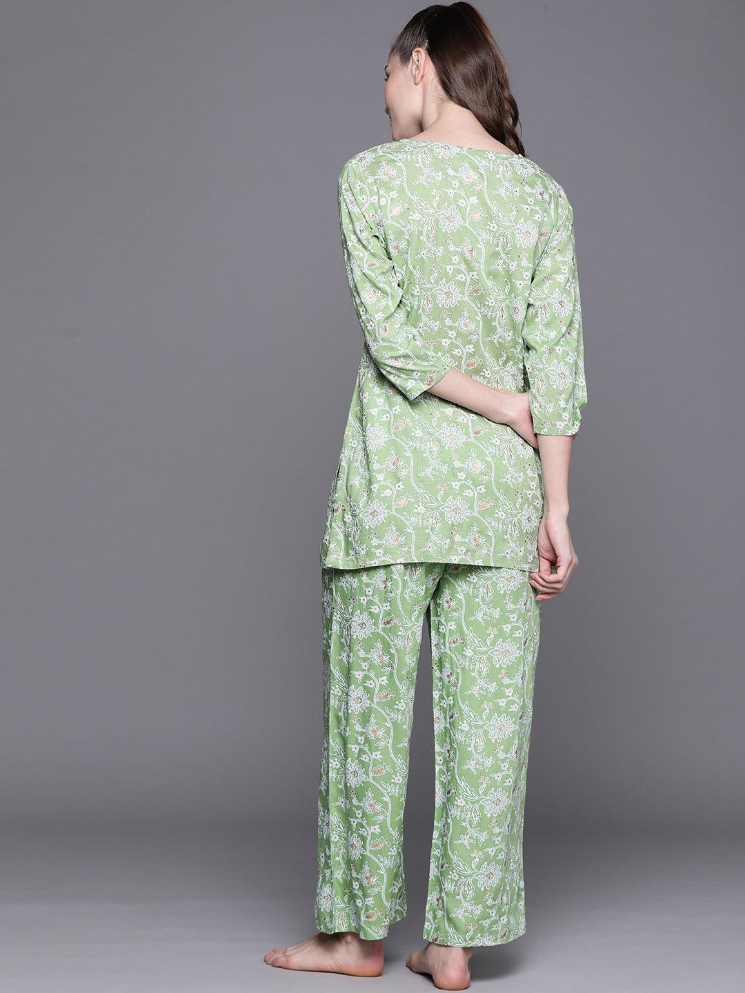 Green Printed Rayon Night Suit - ShopLibas