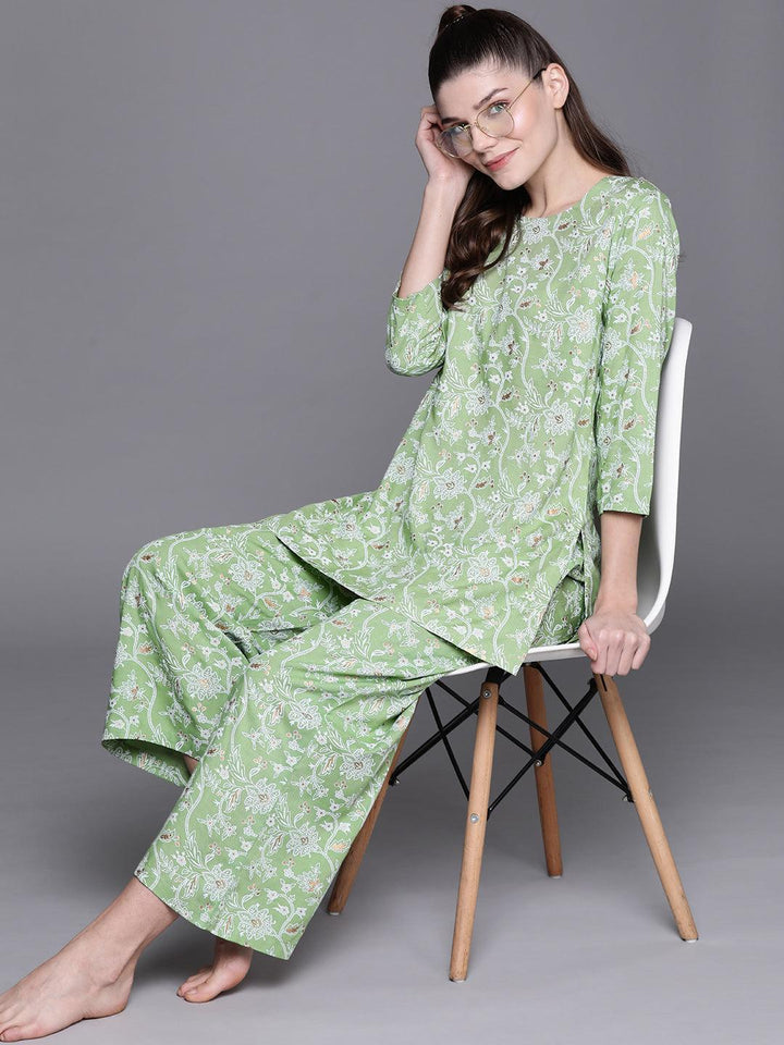 Green Printed Rayon Night Suit - ShopLibas