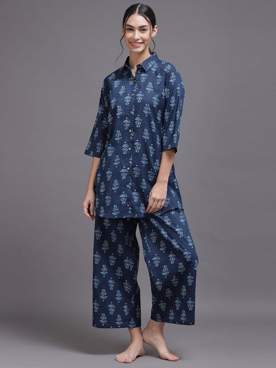 Blue Printed Rayon Night Suit - ShopLibas
