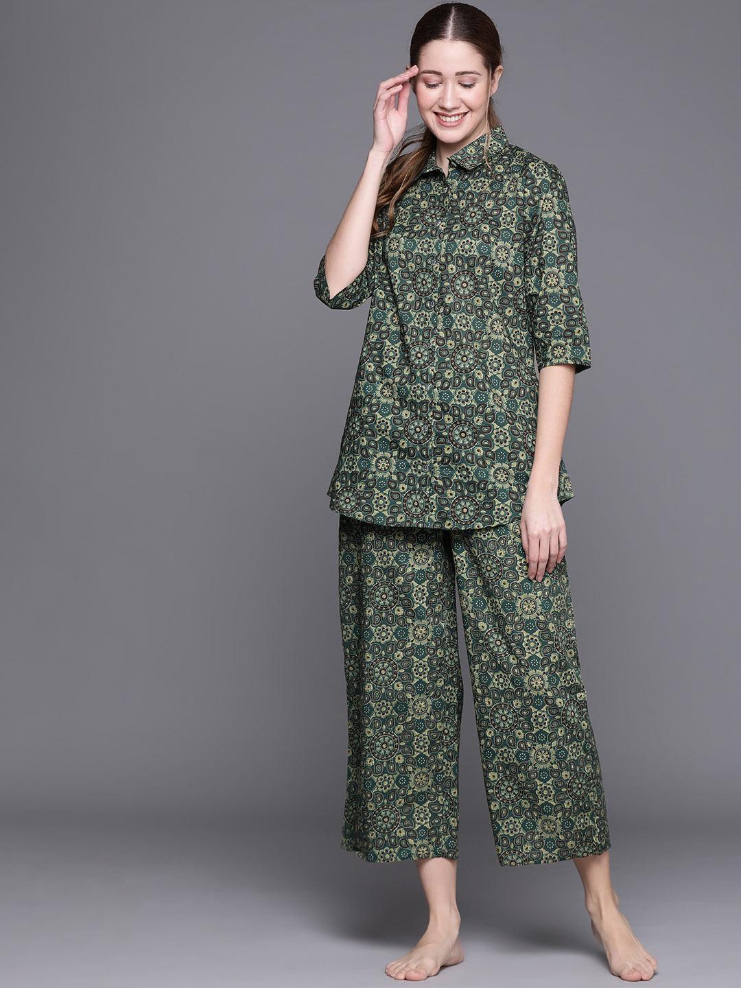 Green Printed Cotton Night Suit - ShopLibas