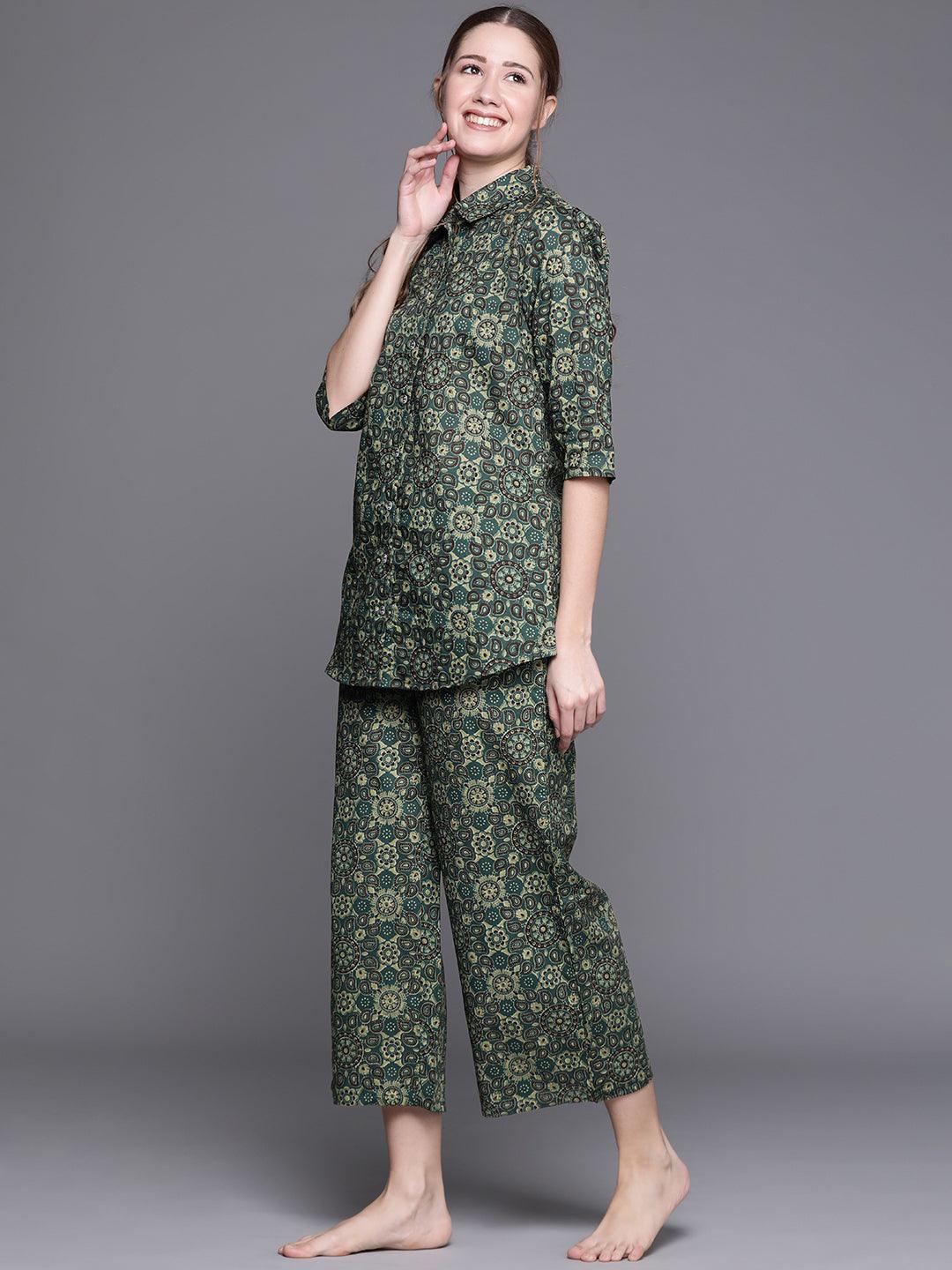 Green Printed Cotton Night Suit - ShopLibas