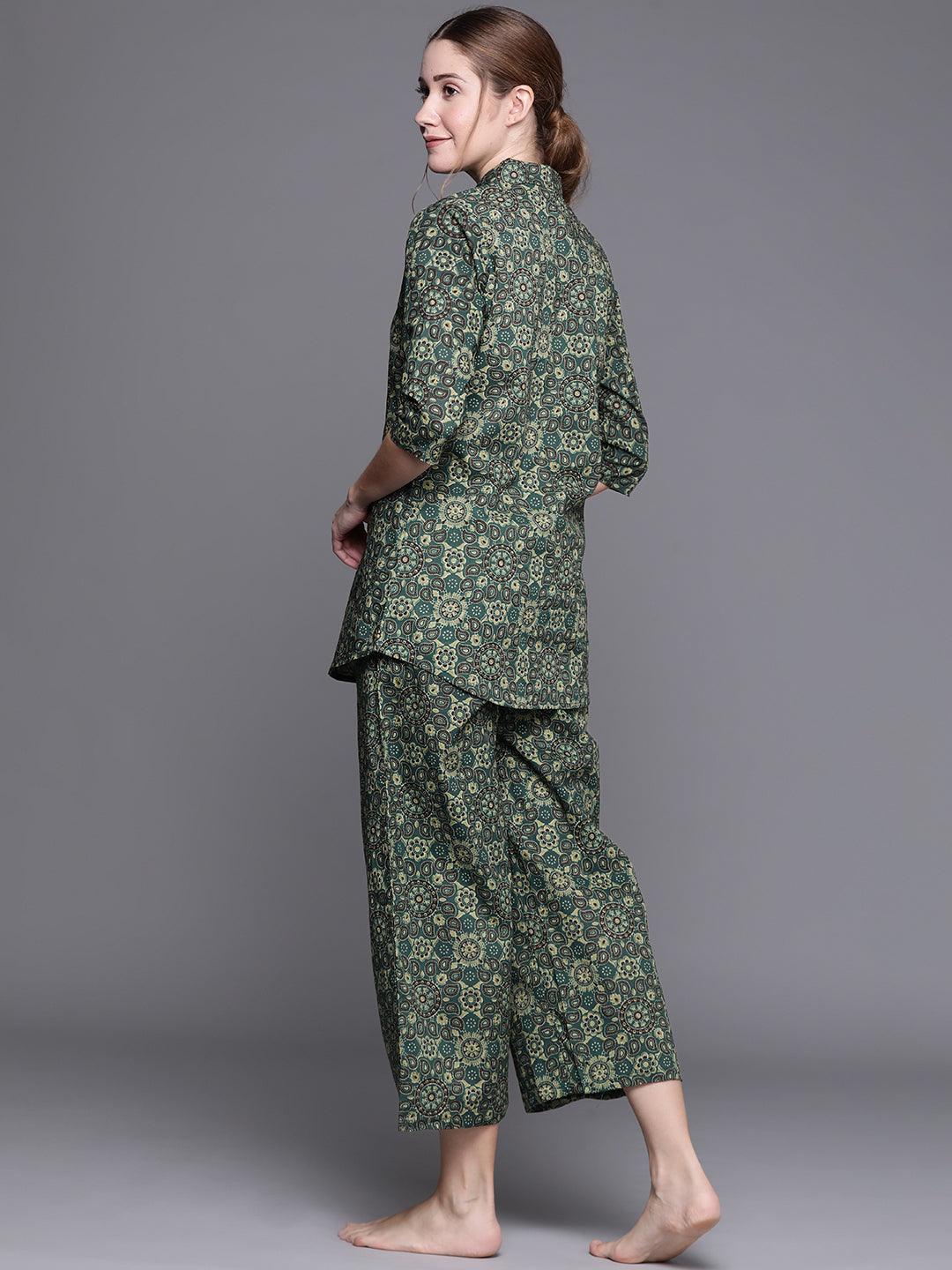 Green Printed Cotton Night Suit - ShopLibas