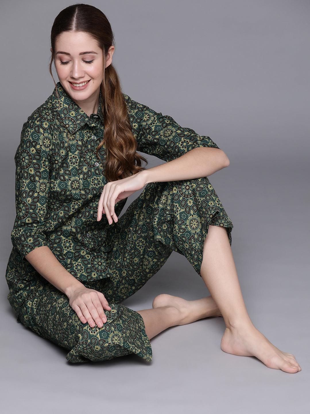 Green Printed Cotton Night Suit - ShopLibas
