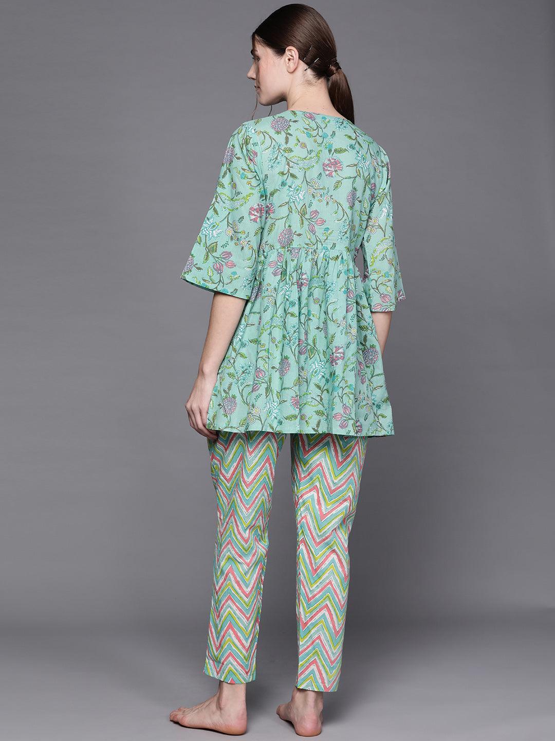 Green Printed Cotton Night Suit - ShopLibas