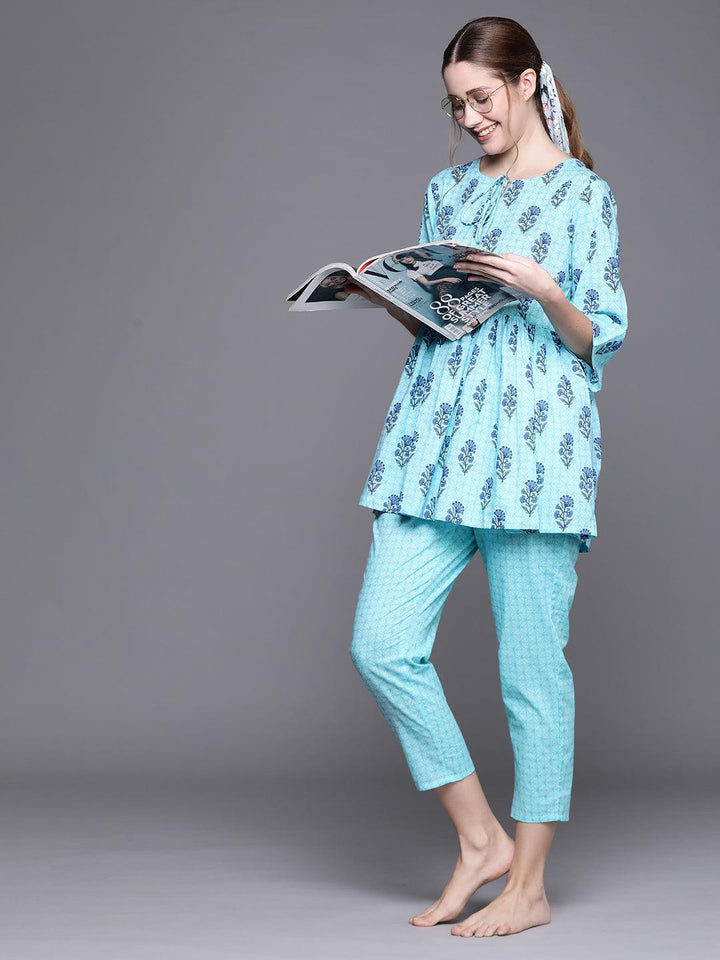 Blue Printed Cotton Night Suit - ShopLibas