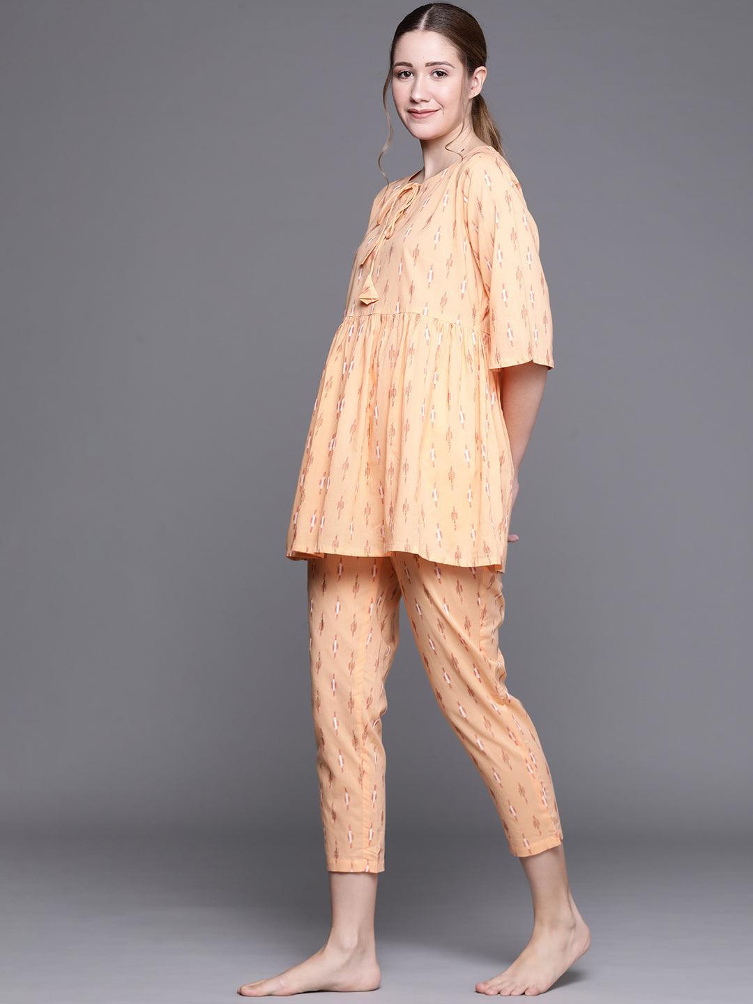 Orange Printed Cotton Night Suit - ShopLibas