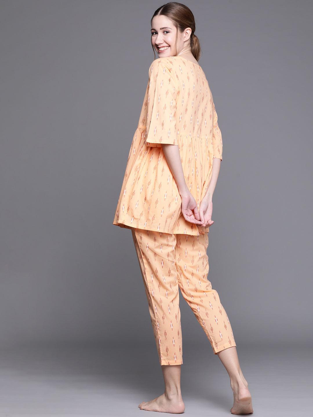 Orange Printed Cotton Night Suit - ShopLibas