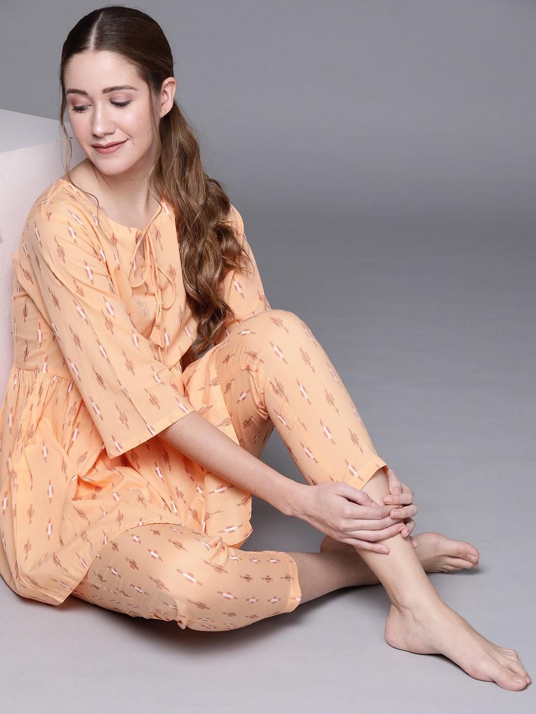 Orange Printed Cotton Night Suit - ShopLibas