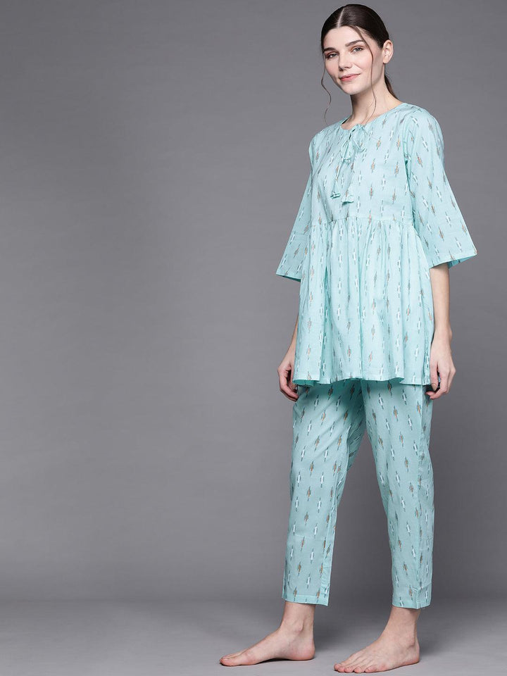 Blue Printed Cotton Night Suit - ShopLibas