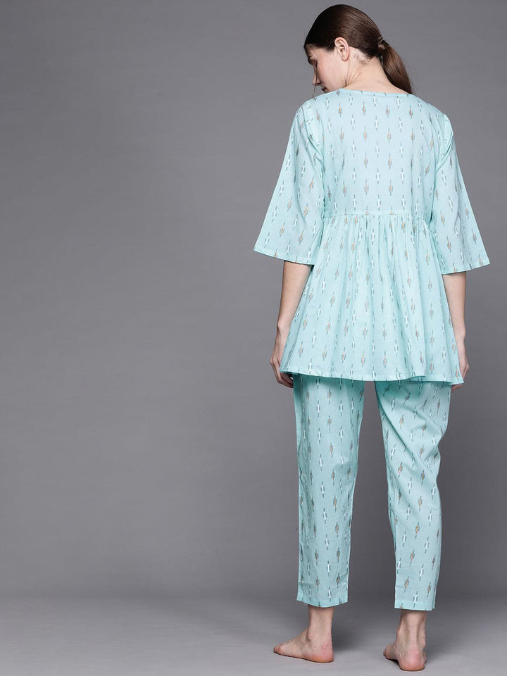 Blue Printed Cotton Night Suit - ShopLibas