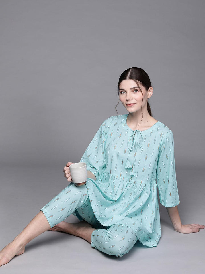 Blue Printed Cotton Night Suit - ShopLibas