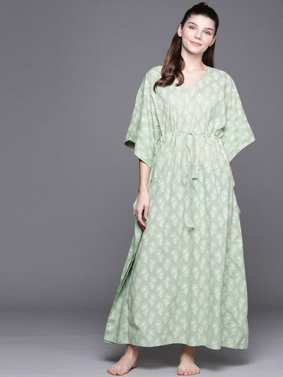 Green Cotton Printed Kaftan Nightdress - ShopLibas