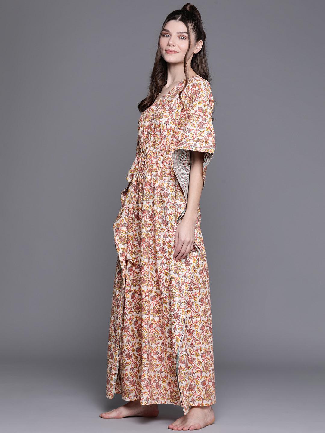 Multicoloured Cotton Printed Kaftan Nightdress - ShopLibas