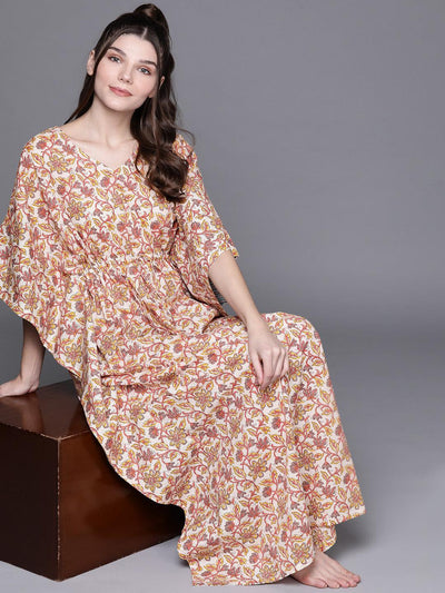 Multicoloured Cotton Printed Kaftan Nightdress - ShopLibas