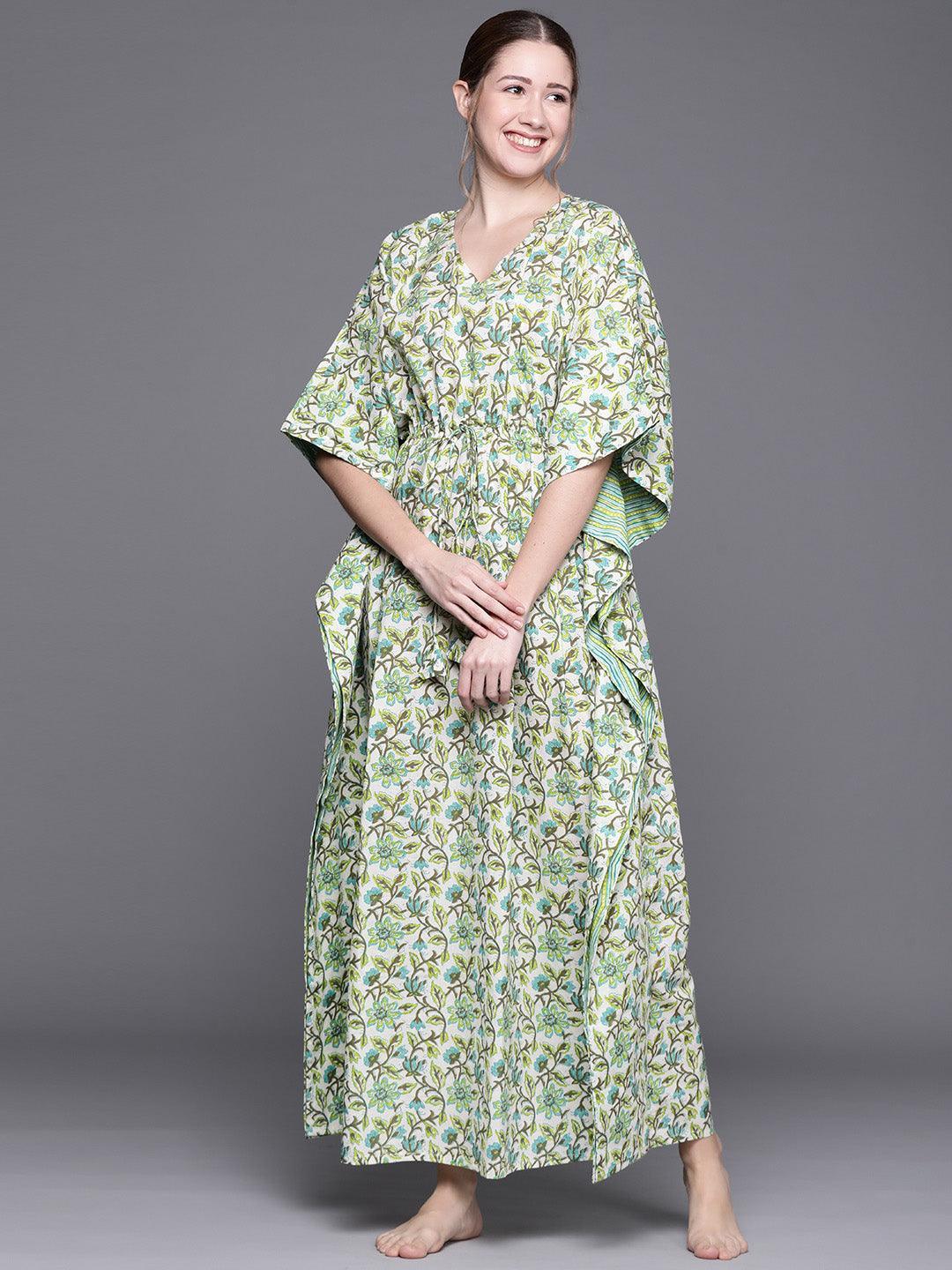 Green Cotton Printed Kaftan Nightdress - ShopLibas