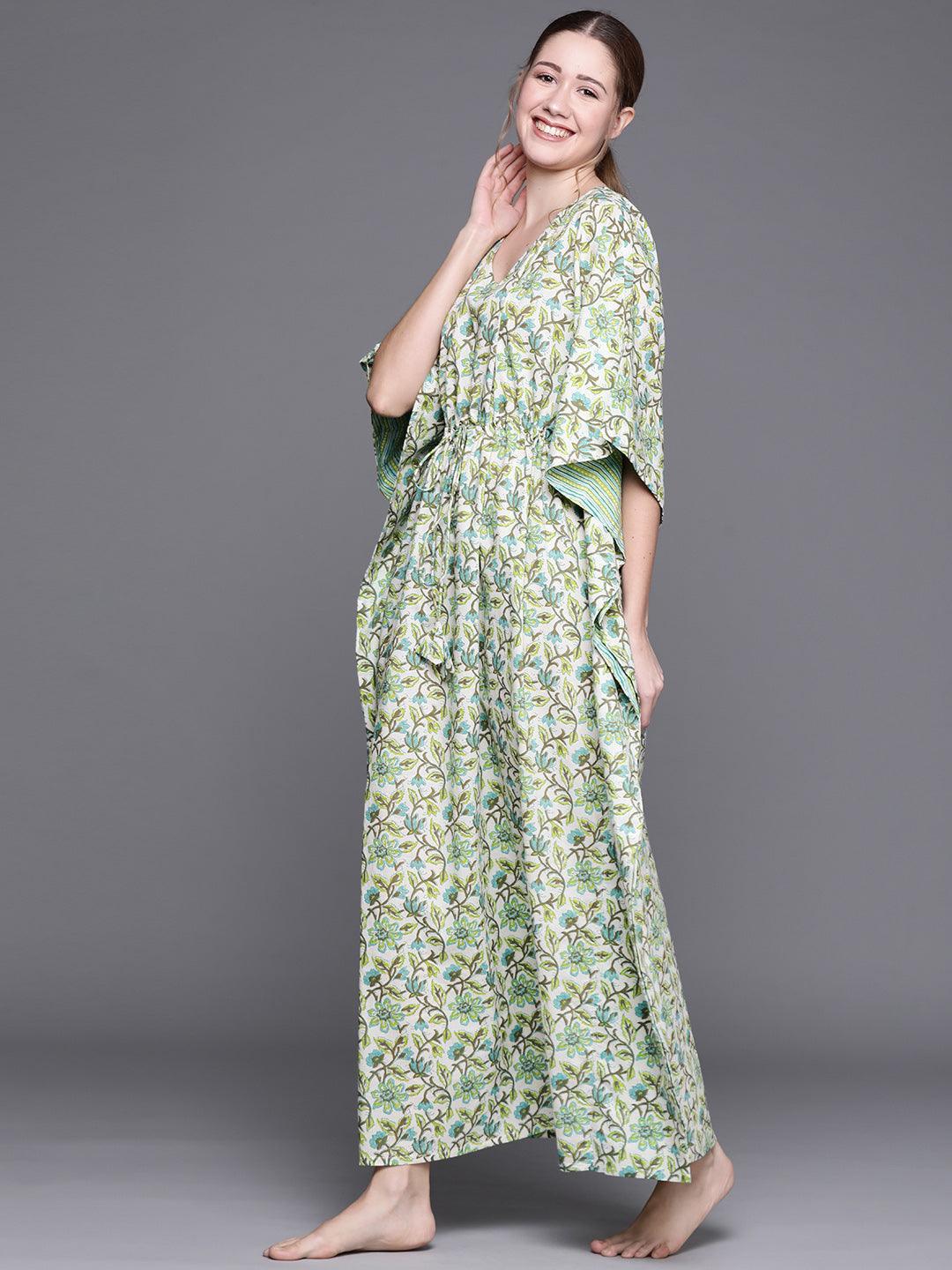 Green Cotton Printed Kaftan Nightdress - ShopLibas